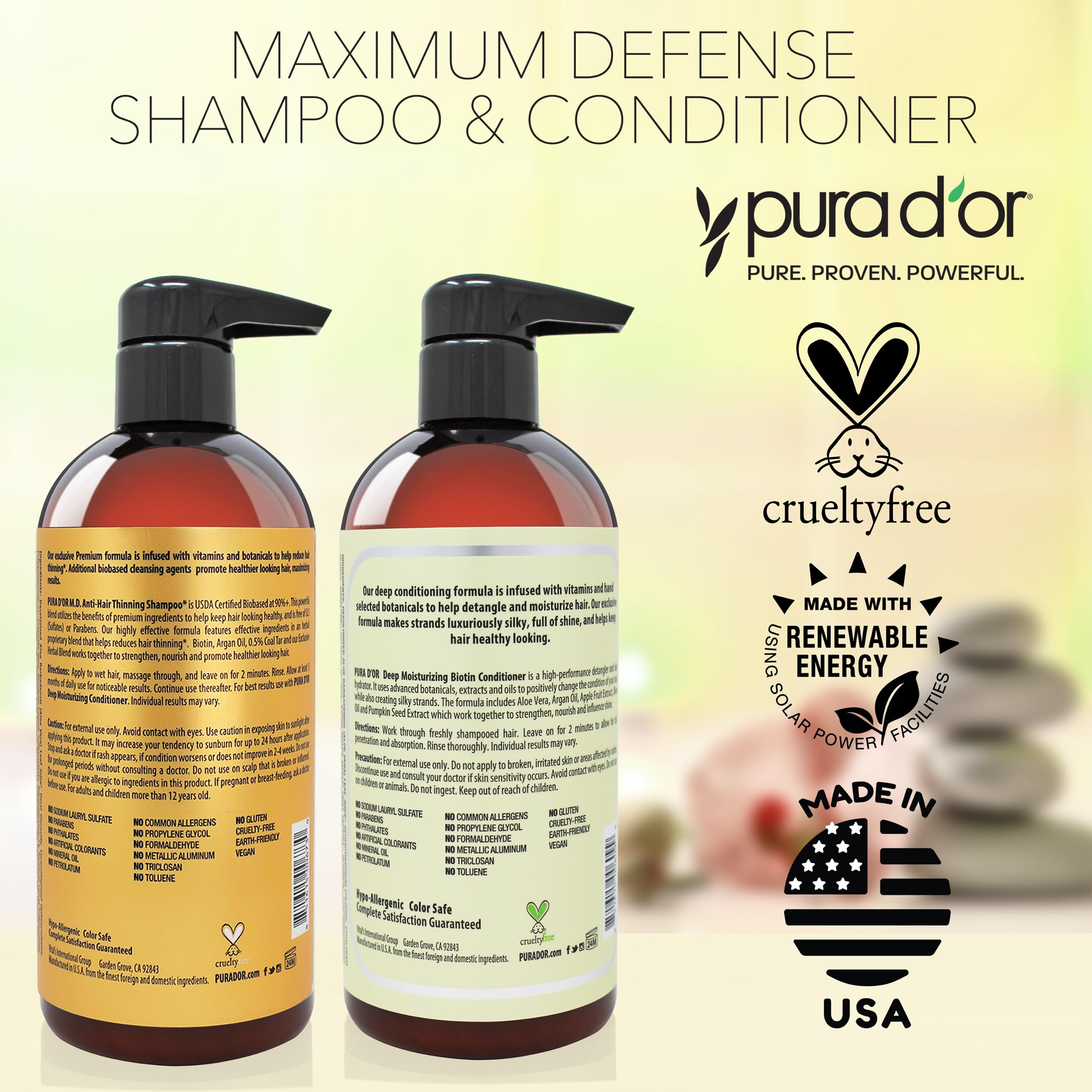PURA D'OR MD Étiquette produit : sans sulfates ni parabènes.