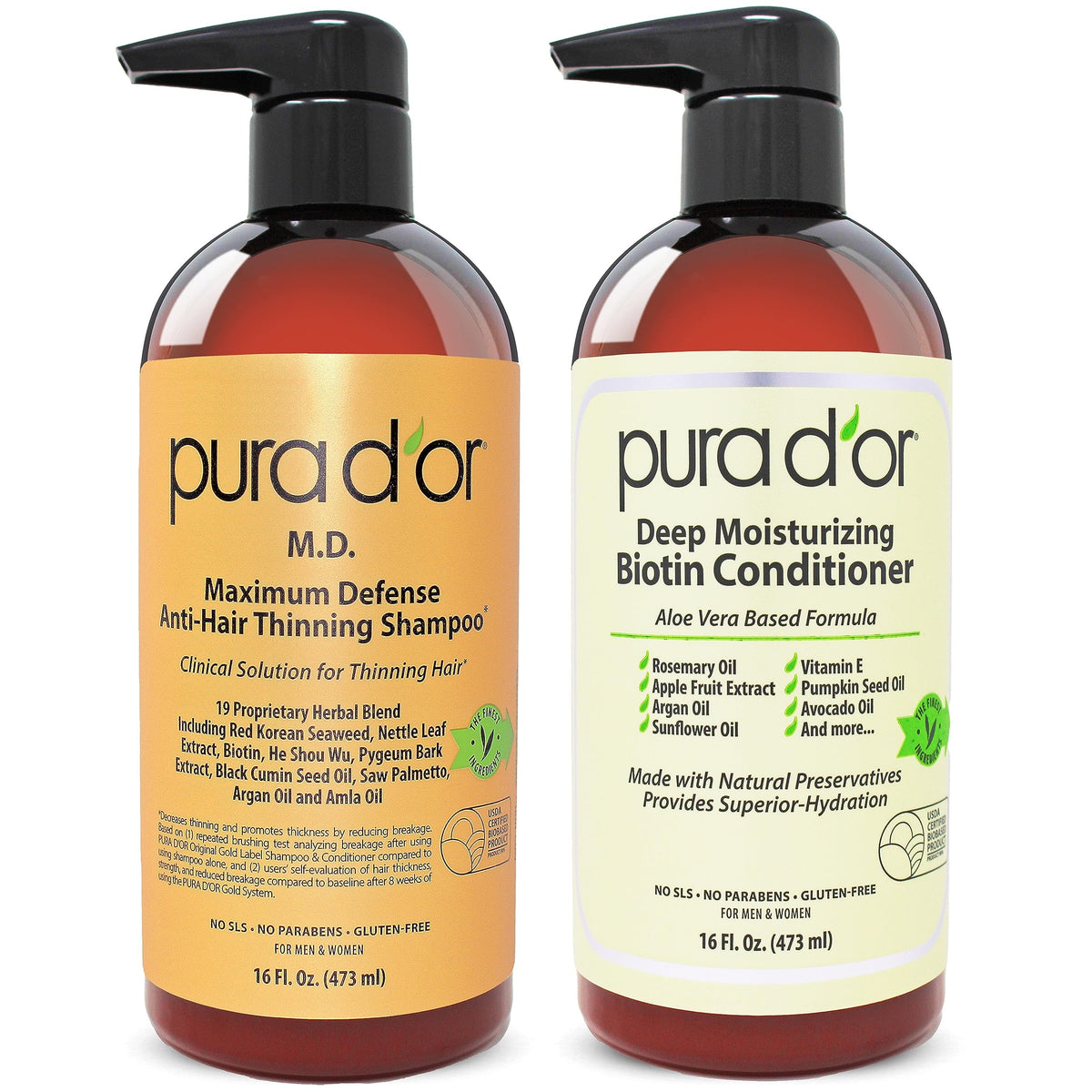 PURA D'OR MD Shampoo bouteille : fortifie les cheveux et apaise le cuir chevelu.