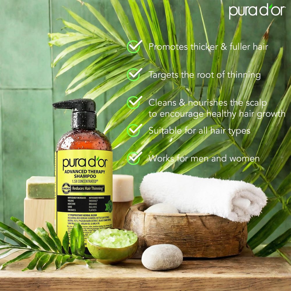 PURA D'OR Shampoing Thérapie Avancée – ingrédients botaniques nourrissants pour cheveux plus forts