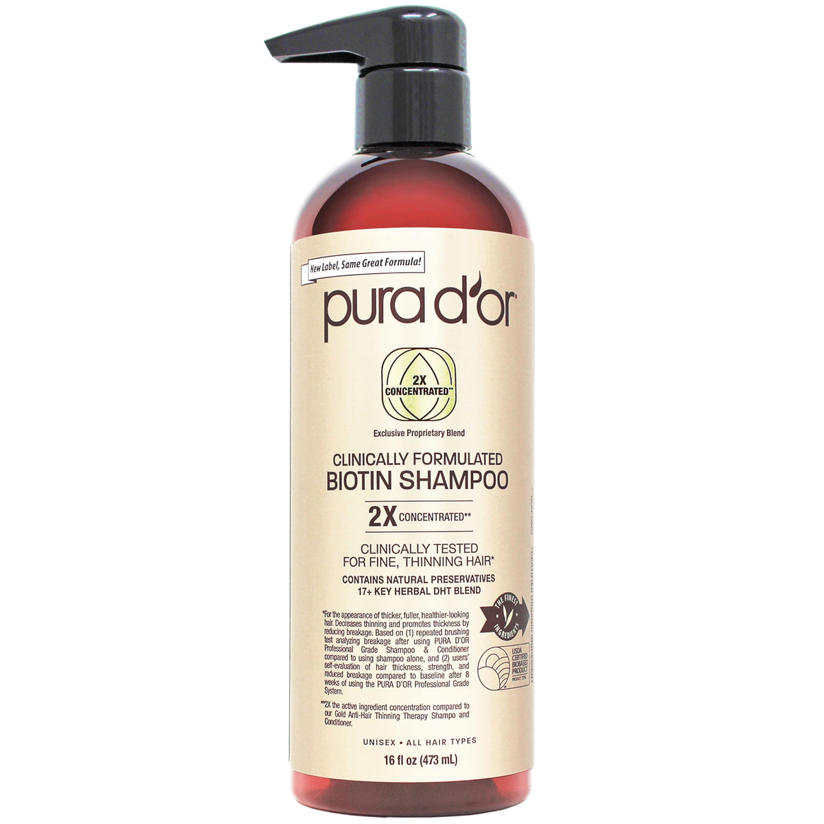 PURA D'OR Biotine Shampoo – bouteille en gros plan, potentiel volume et vitalité des cheveux.