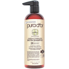 PURA D'OR Biotine Shampoo – bouteille en gros plan, potentiel volume et vitalité des cheveux.