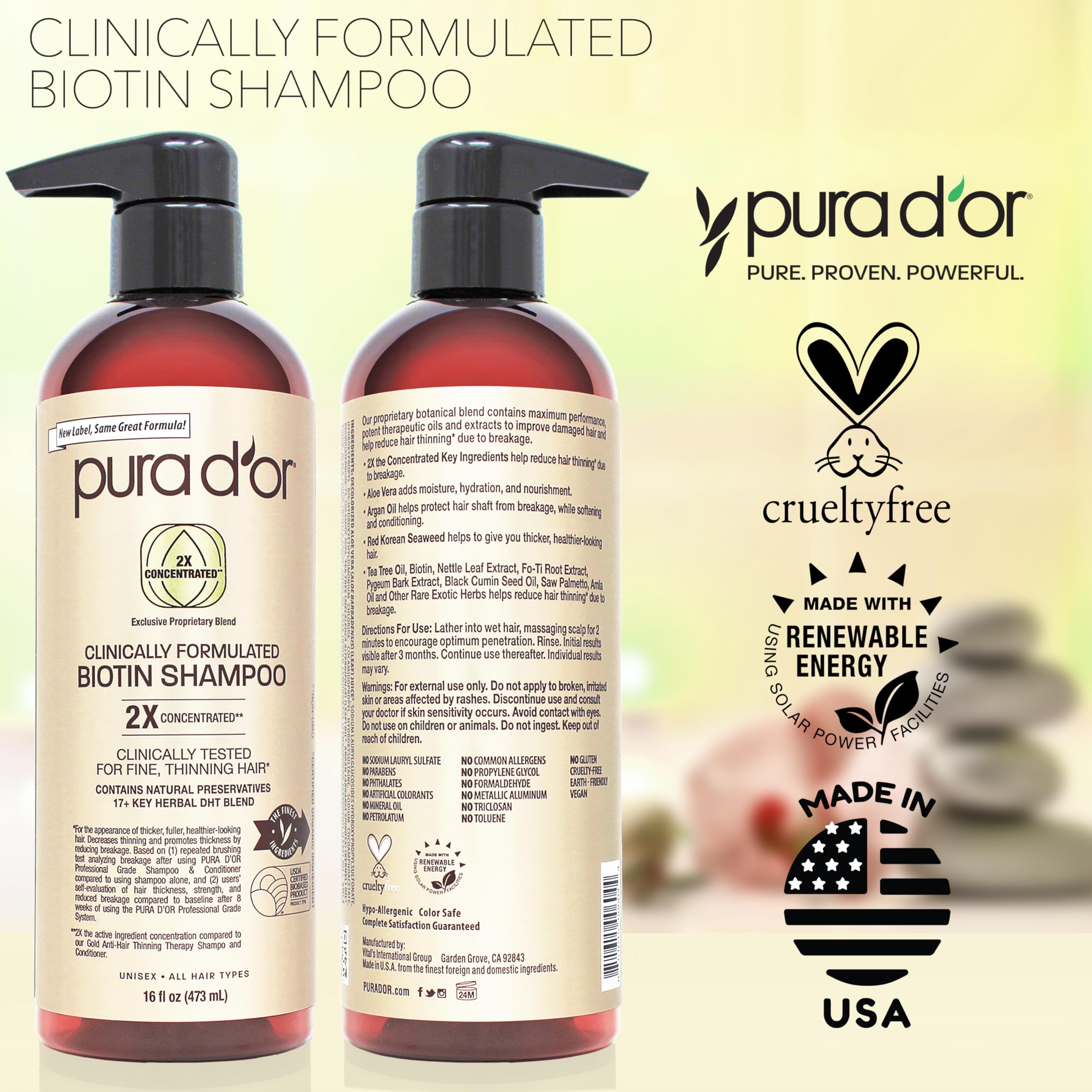 PURA D'OR Shampoo – flacon 16oz sur étagère prêt pour routine.