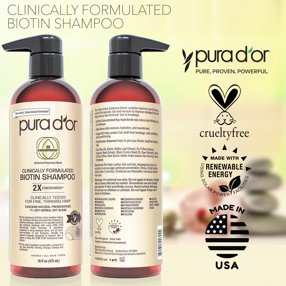 PURA D'OR Shampoo – flacon 16oz sur étagère prêt pour routine.
