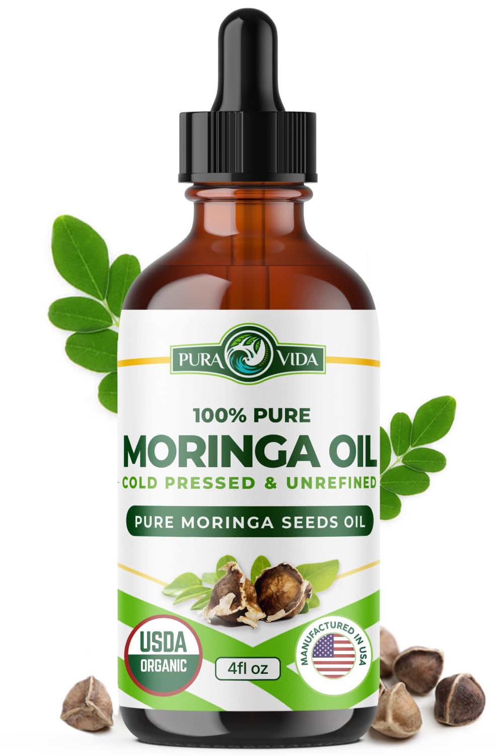 PURA VIDA MORINGA: bouteille d'huile pure et biologique prête à l'emploi.