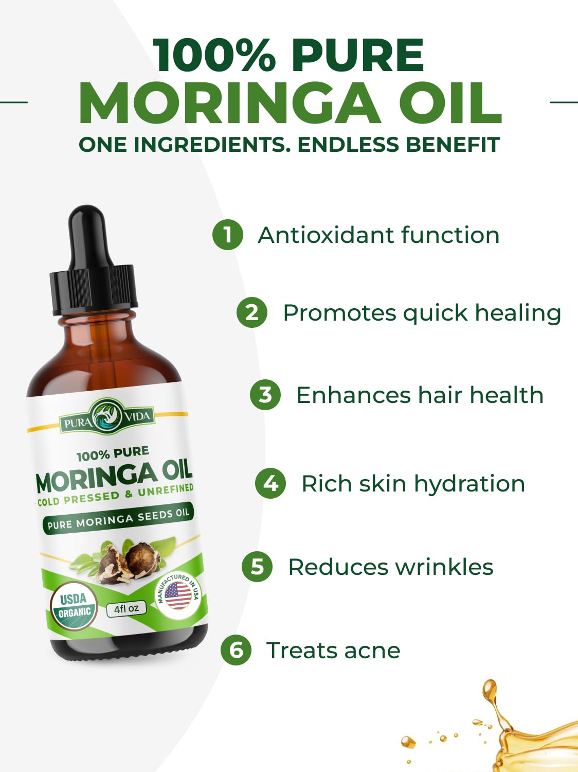 PURA VIDA MORINGA: huile visage nourrissante et hydratante pour peau sèche.