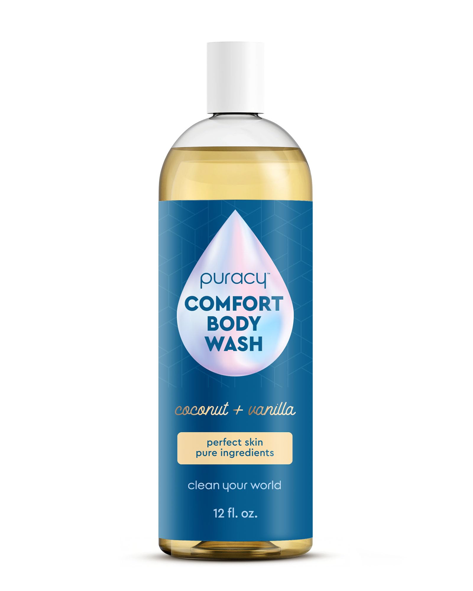 Puracy Body Wash coconut-vanilla bottle offers a gentle, all-ages cleanse.
