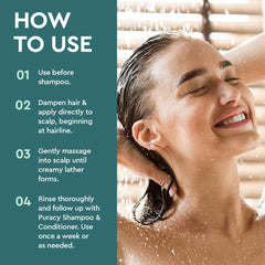 Puracy Scrub, huile d'argan, hydrate et apaise le cuir chevelu.