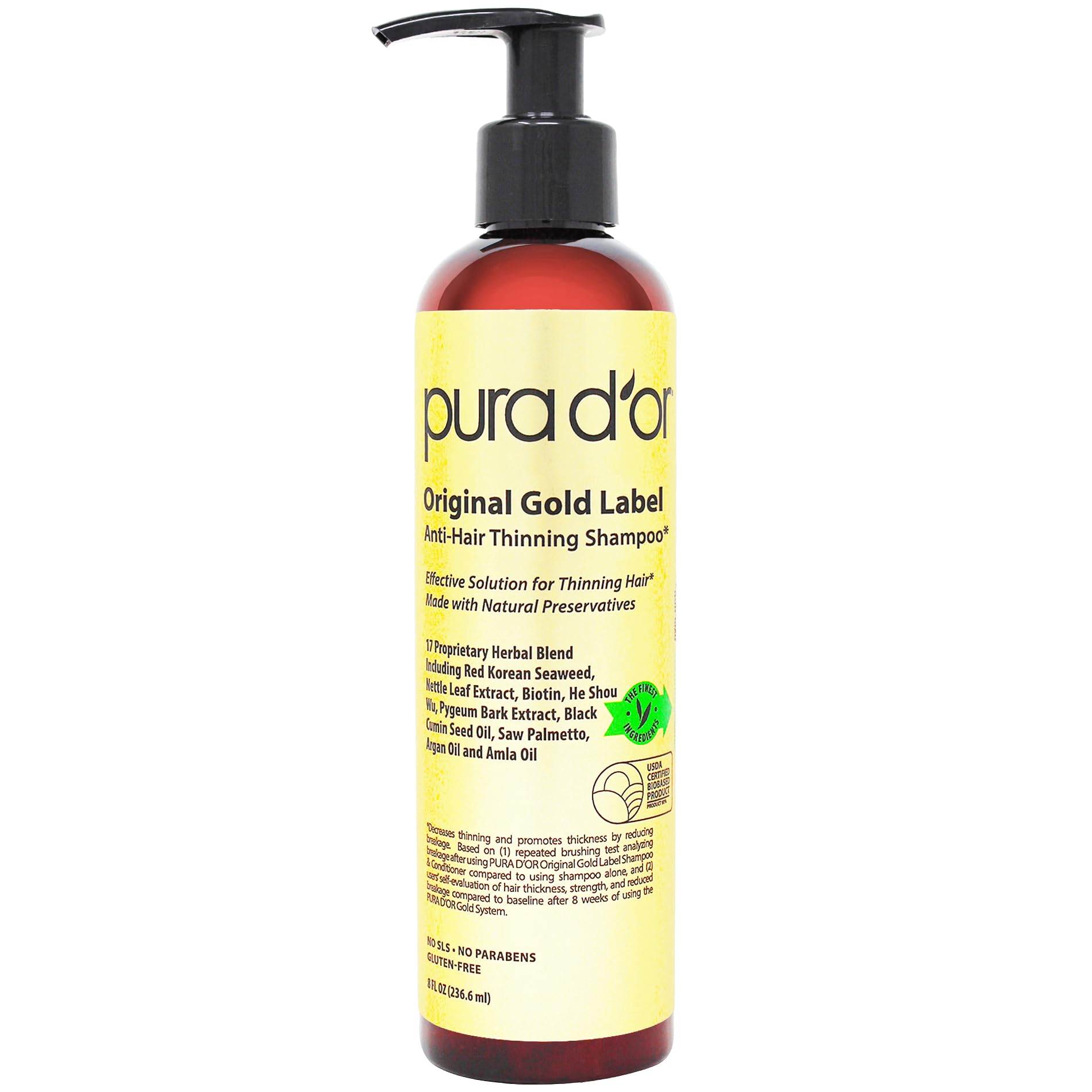 PURA D'OR Original Gold Label shampoo bottle front shows thickening potential.