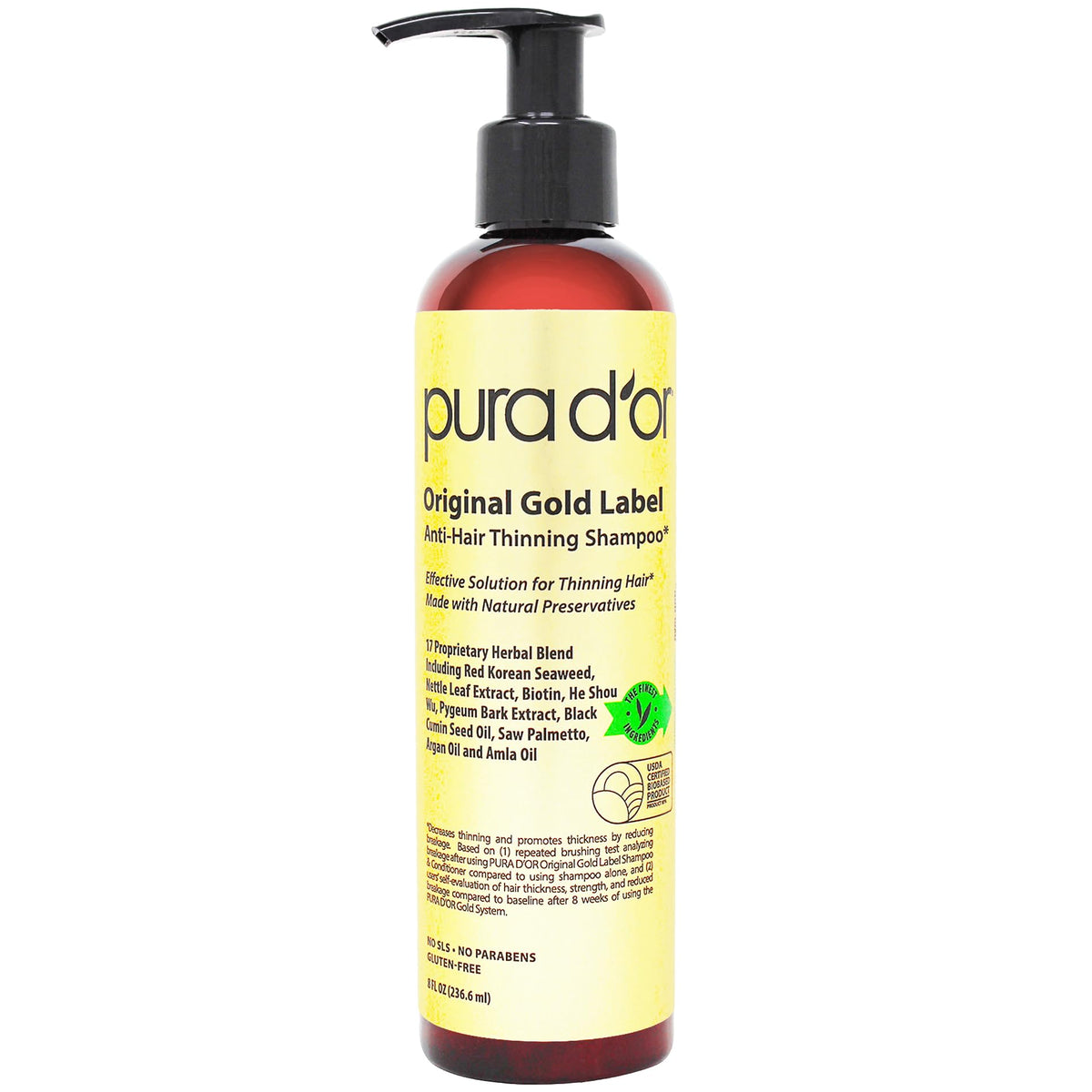 PURA D'OR Original Gold Label shampoo bottle front shows thickening potential.