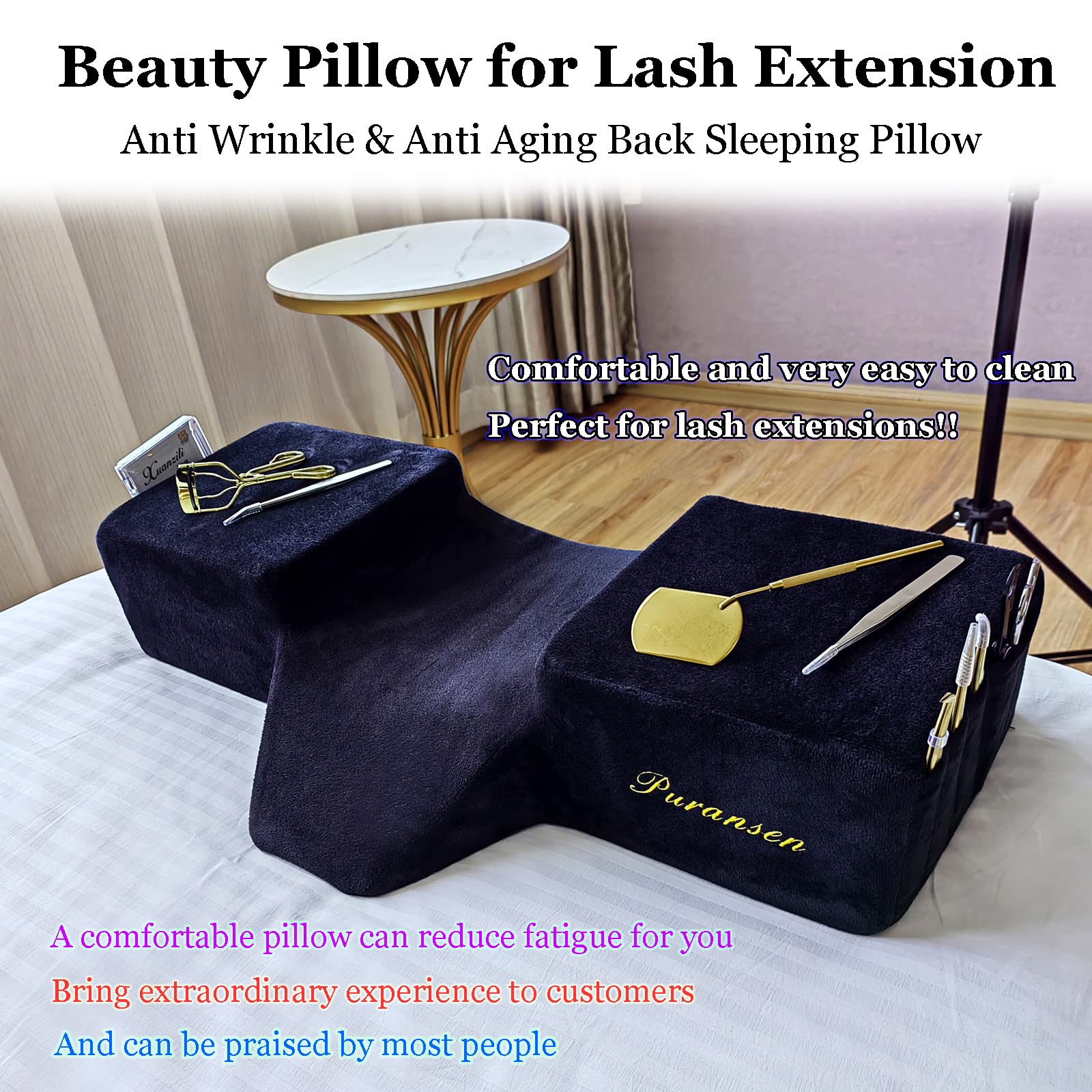 Puransen Lash Bed Pillow housse velours amovible et surfaces respirantes en noir