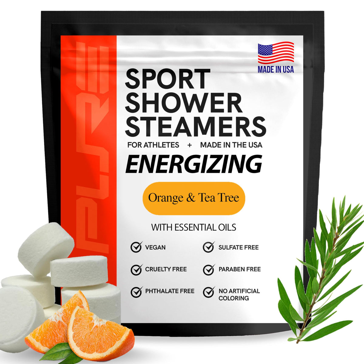 Pure Athlete – galet-douche énergisant orange-arbre-à-thé dans une bouteille, énergie matinale.