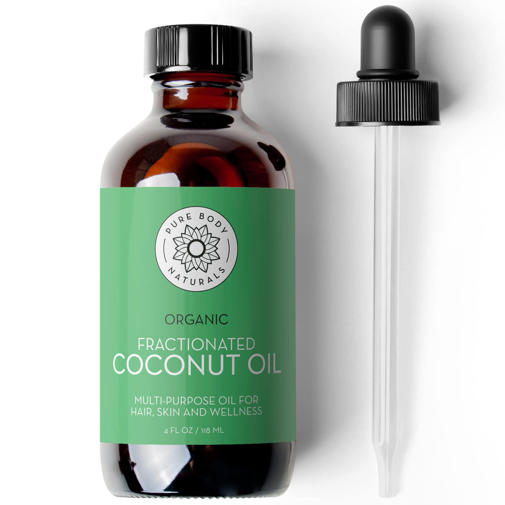 Pure Body Naturals huile coco fractionnée, bouteille ambre, protège les actifs délicats.