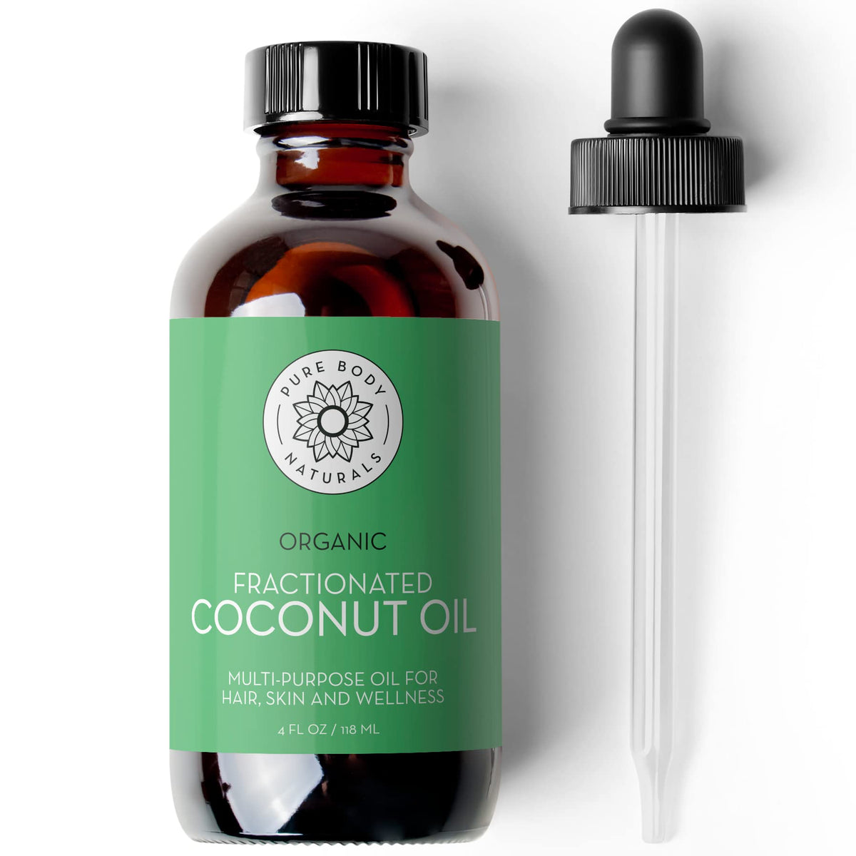 Pure Body Naturals huile coco fractionnée, bouteille ambre, protège les actifs délicats.