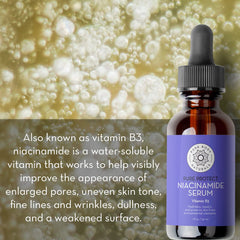 Pure Body Naturals niacinamide serum bottle for refined texture and fewer visible spots.