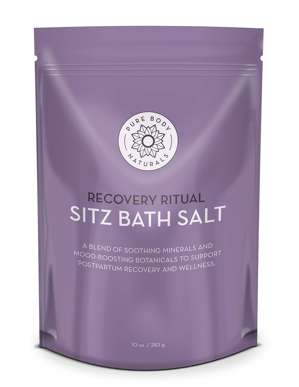 Pure Body Naturals sels bain siège postpartum emballage clair prêt à l’emploi pour débuter rapidement.