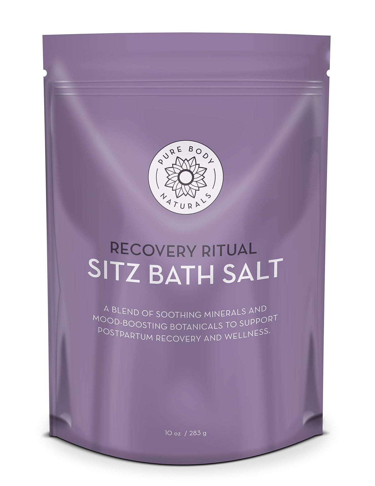 Pure Body Naturals sels bain siège postpartum emballage clair prêt à l’emploi pour débuter rapidement.