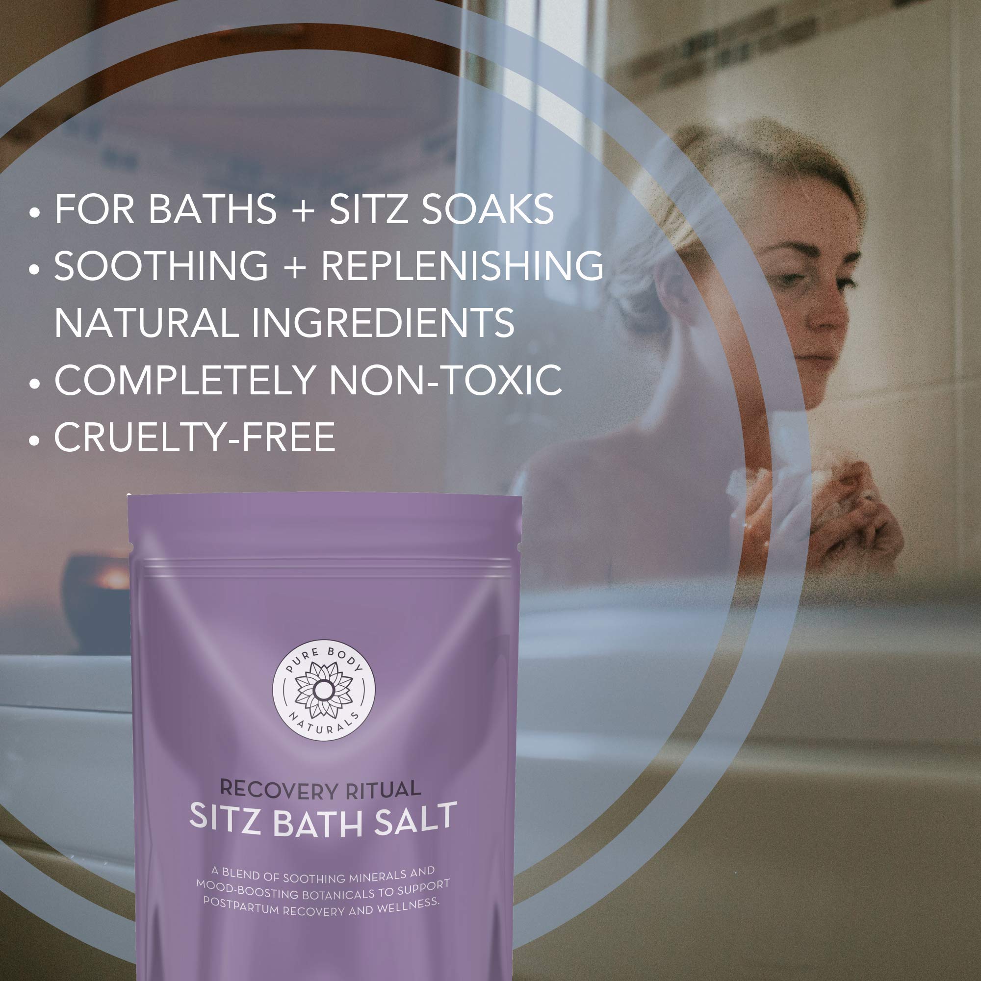 Pure Body Naturals Sitz Bath Salt packaging emphasizes vegan and paraben-free formula