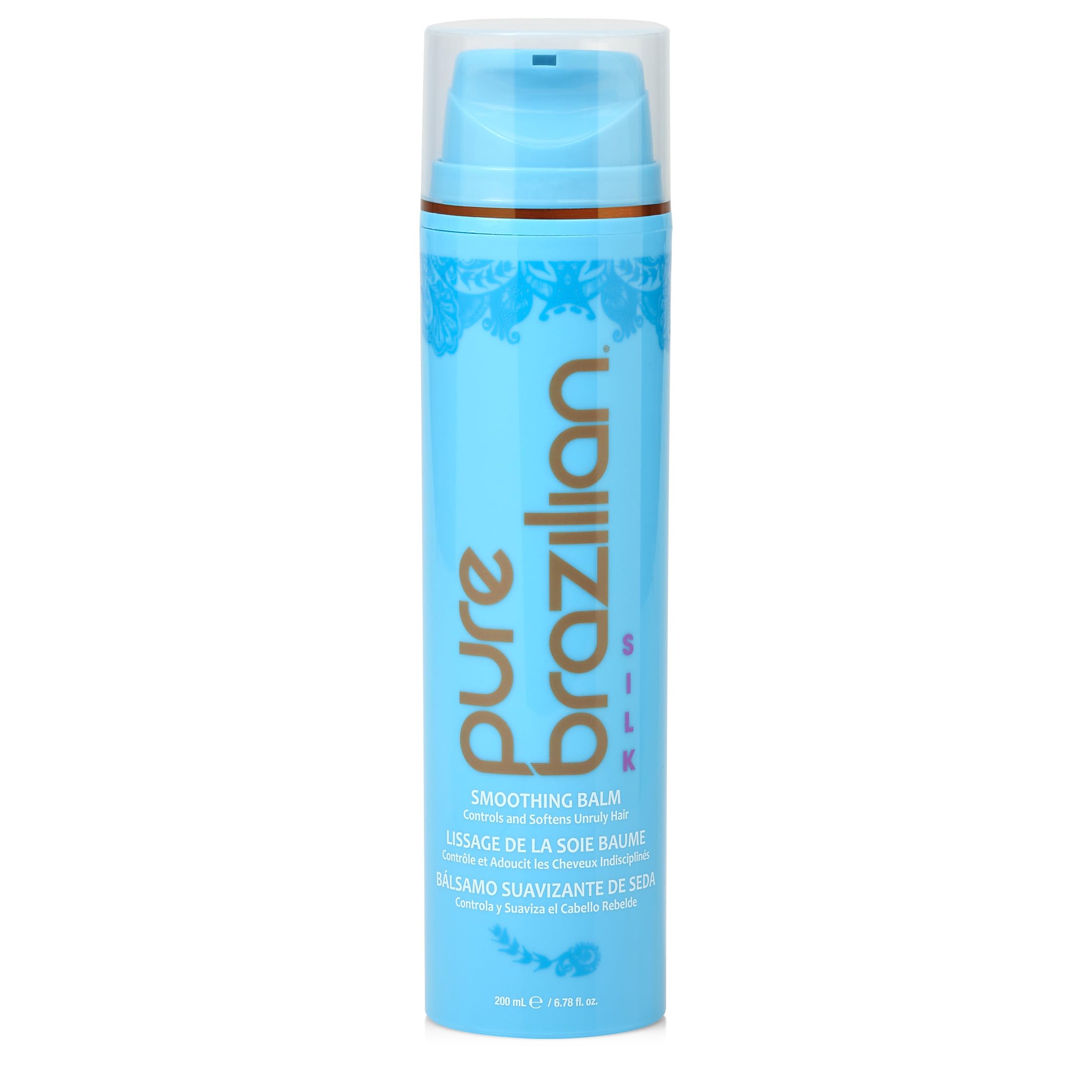 Baume lissant Pure Brazilian Silk en bouteille montrant la kératine, pour cheveux plus lisses et hydratés.