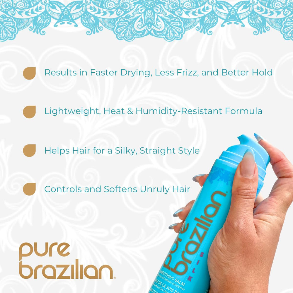 Huile de coco sur l’emballage Pure Brazilian Silk Smoothing Balm, soin nourrissant pour longueurs.