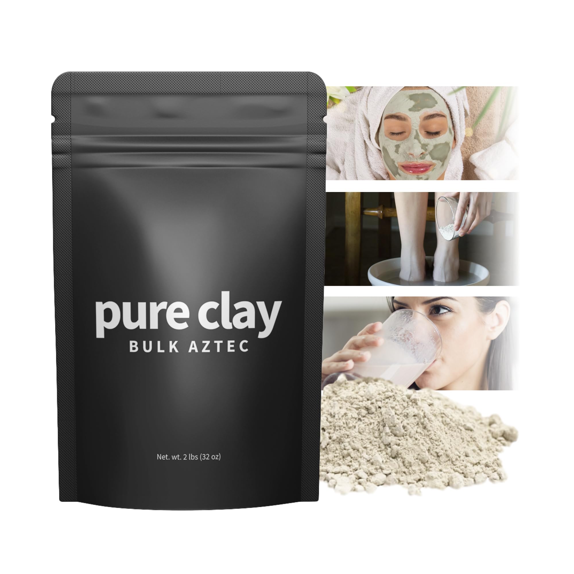 Pure Clay poudre bentonite calcium, texture fine pour masque visage et soins cheveux.