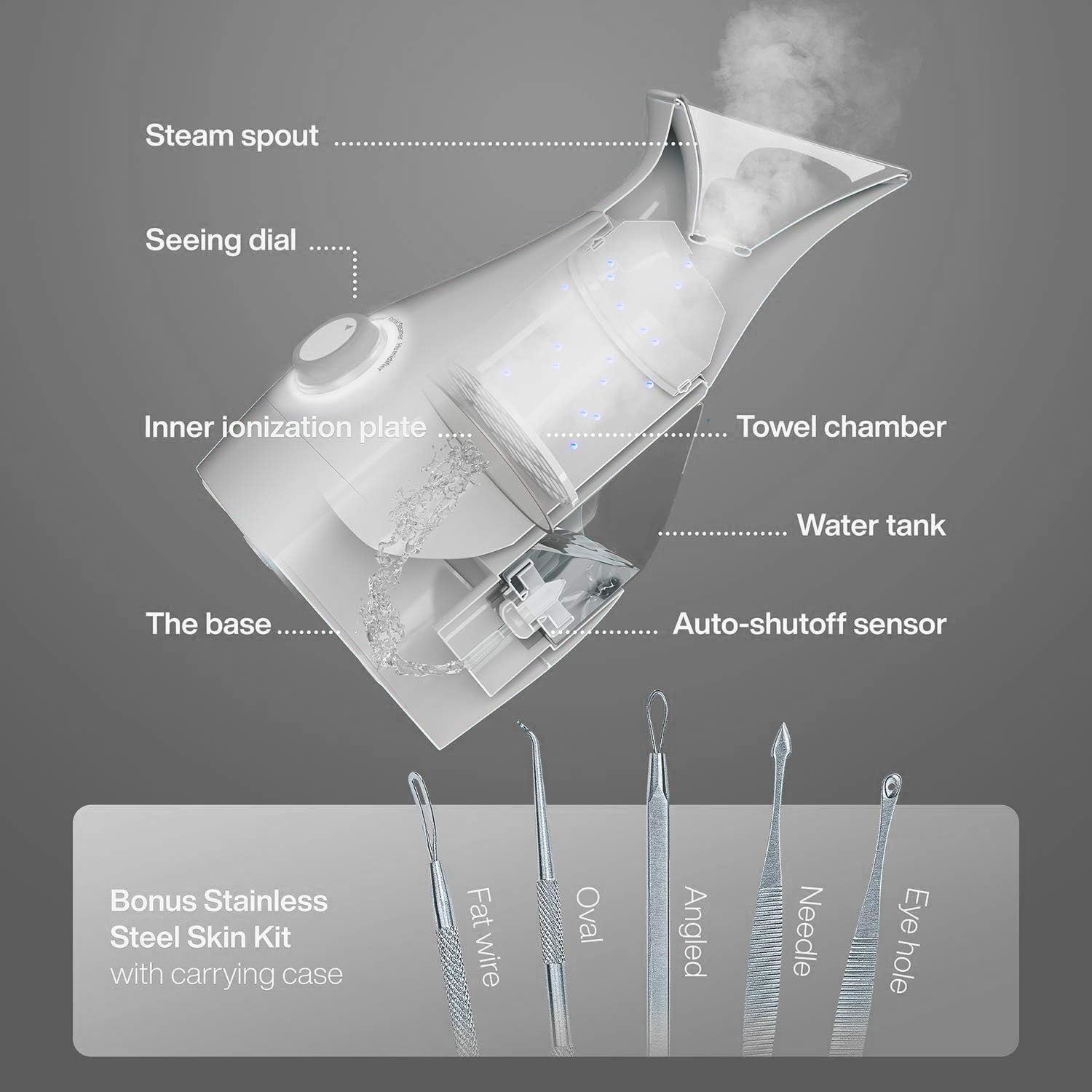 Kit soin inox 5 pièces inclus avec Pure Daily Care Nanosteamer pour éliminer les points noirs.