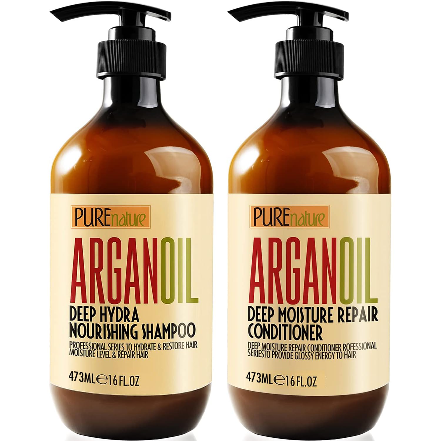 Shampoing Pure Nature Lux Spa à l’argan sur une bouteille, pour cheveux brillants.
