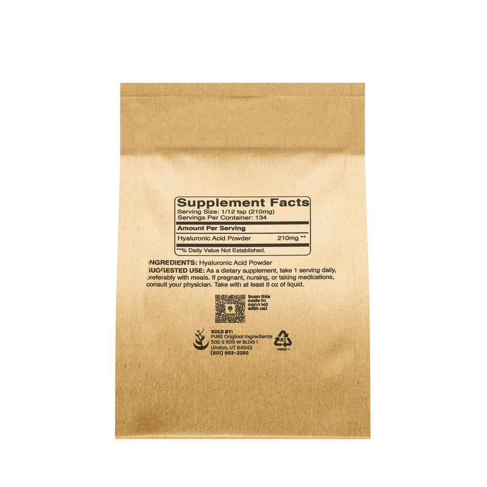 PURE ORIGINAL INGREDIENTS poudre hyaluronique – texture fine prête à se dissoudre.