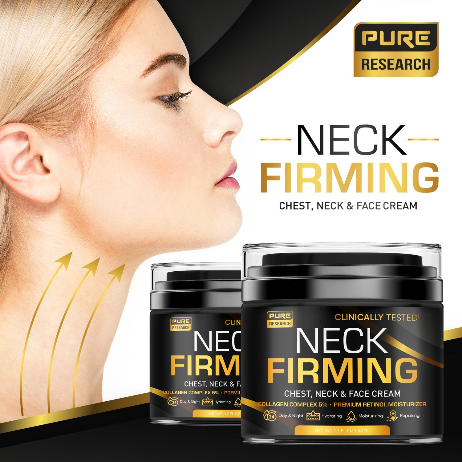 Application et massage du cou et décolleté avec la crème Pure Research.