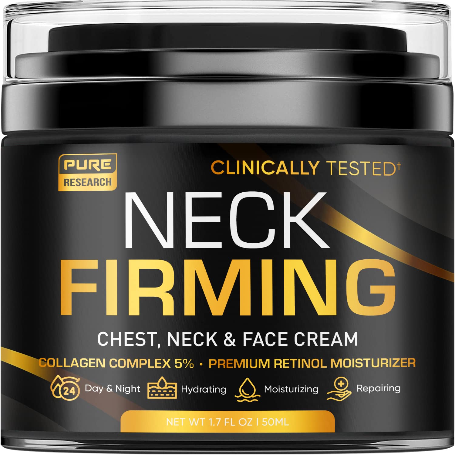 Crème cou fermant Pure Research dans un pot, hydratation ciblée pour le cou.