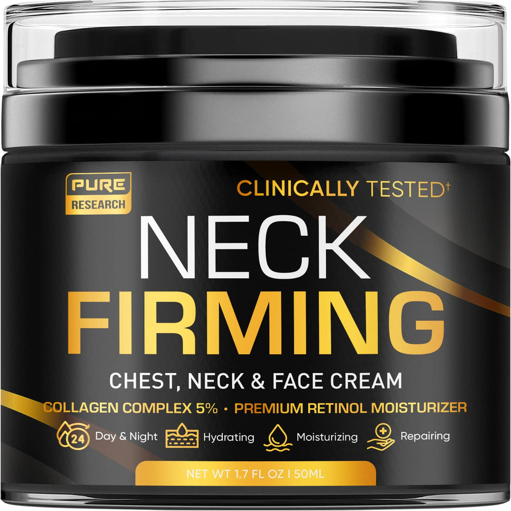 Crème cou fermant Pure Research dans un pot, hydratation ciblée pour le cou.