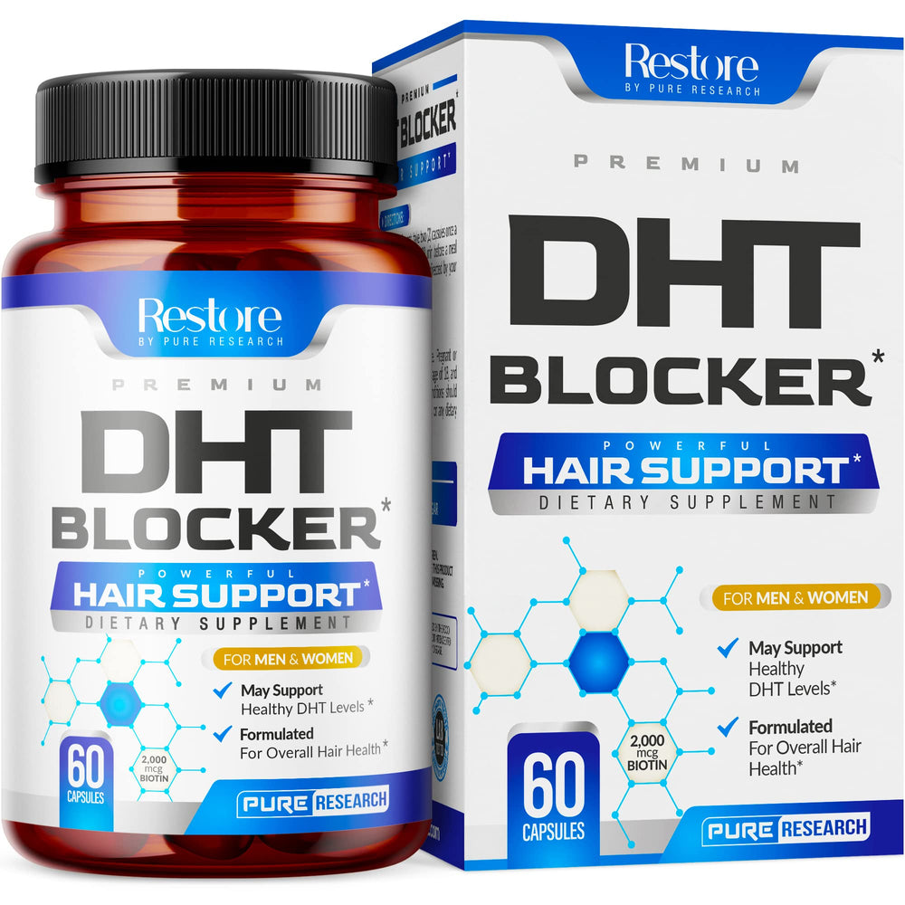 Pure Research DHT Blocker – Bouteille de capsules, soutien potentiel à la croissance des cheveux.