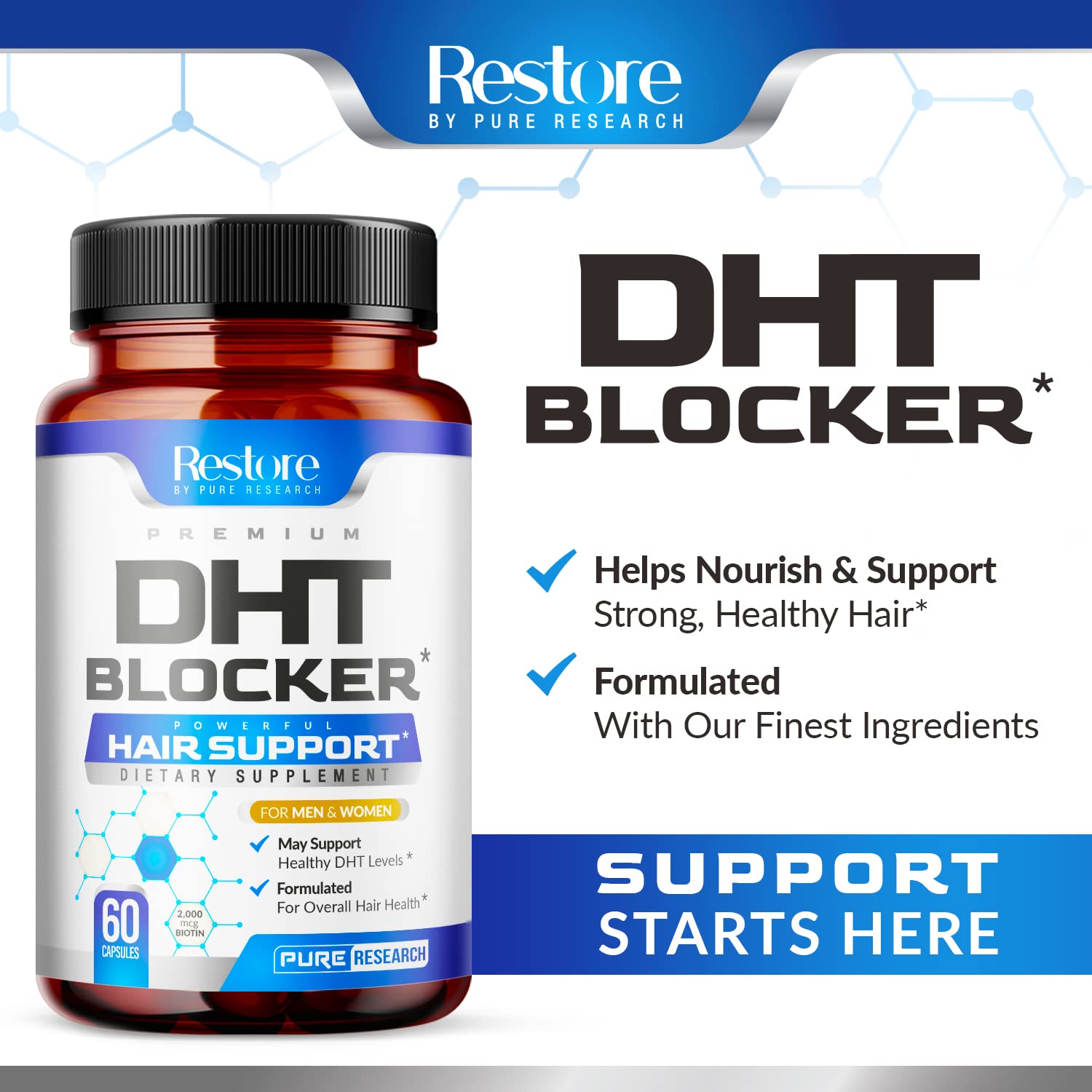 Pure Research DHT Blocker – Emballage et boîte visibles pour faciliter le réapprovisionnement.