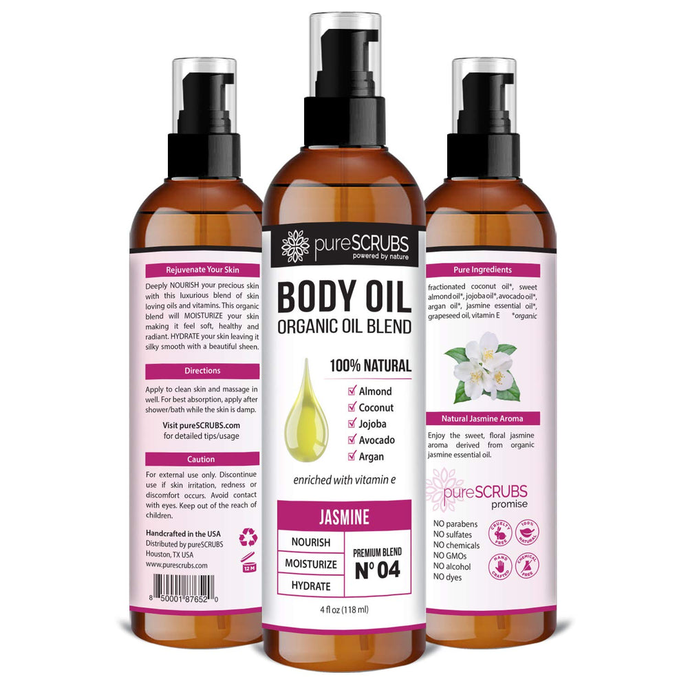 pureSCRUBS application huile corps jasmin, massage relaxant et peau satinée.