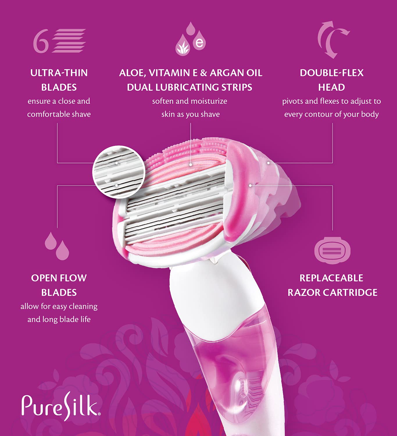 Lames ultra-fines Pure Silk Contour 6 pour un rasage doux et précis.
