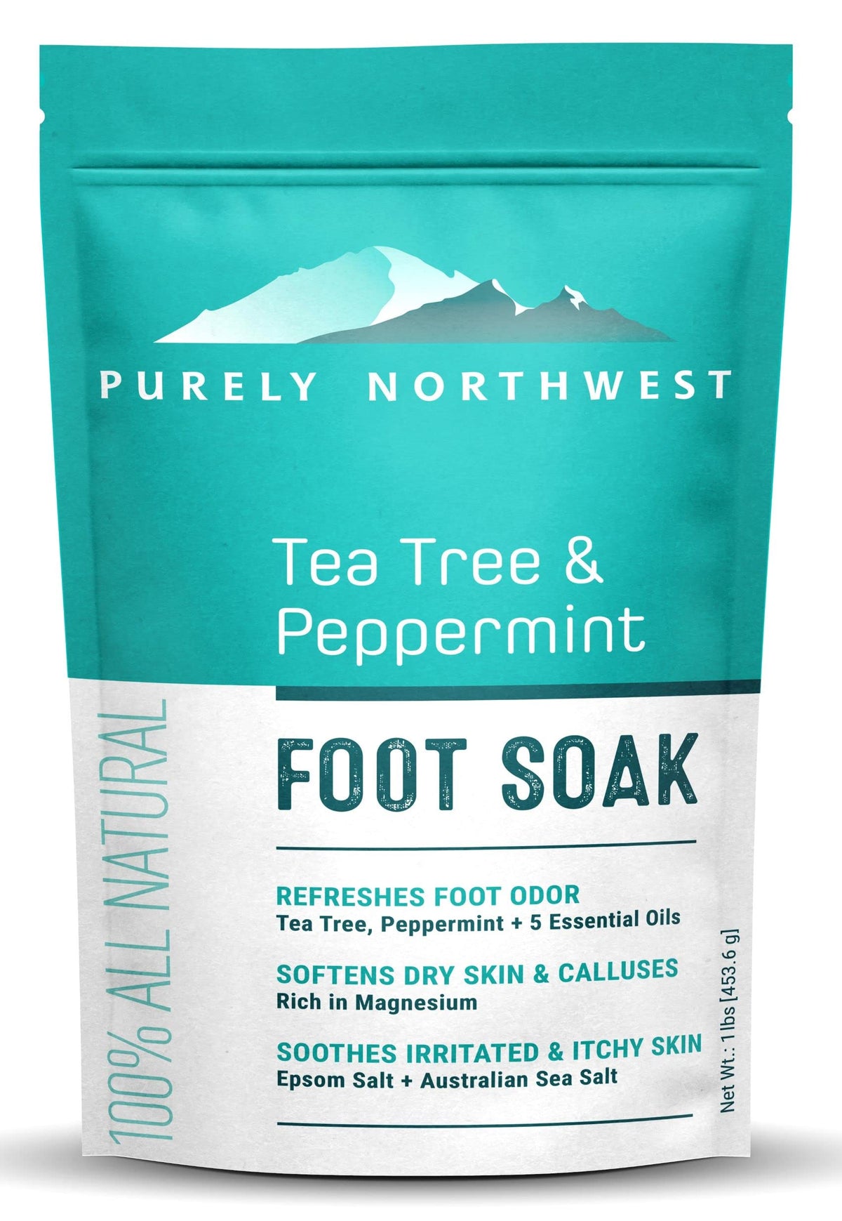 Purely Northwest Tea Tree Foot Soak bottle pour for easy, mess-free use.