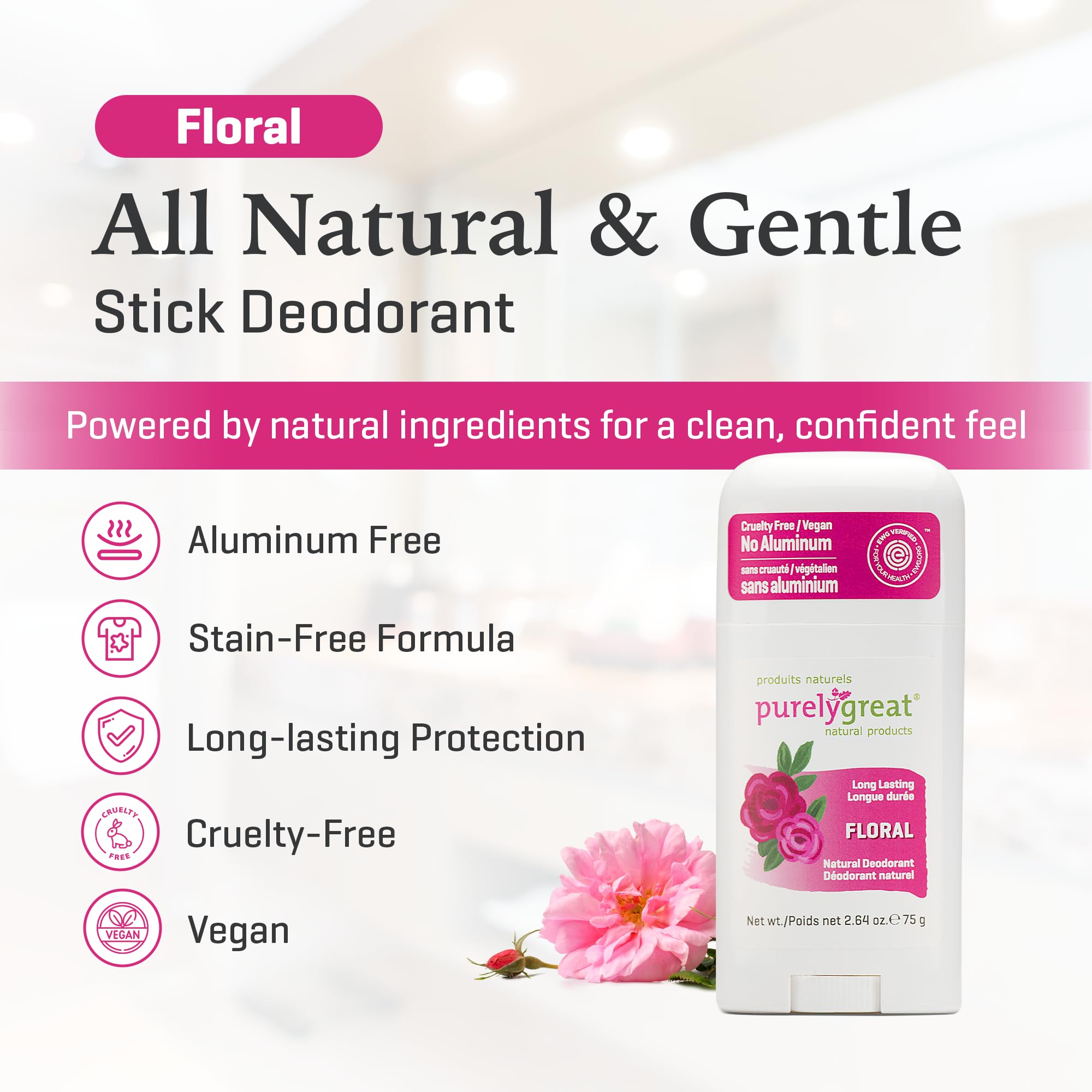 Purelygreat déodorant sans aluminium, parfum floral naturel.