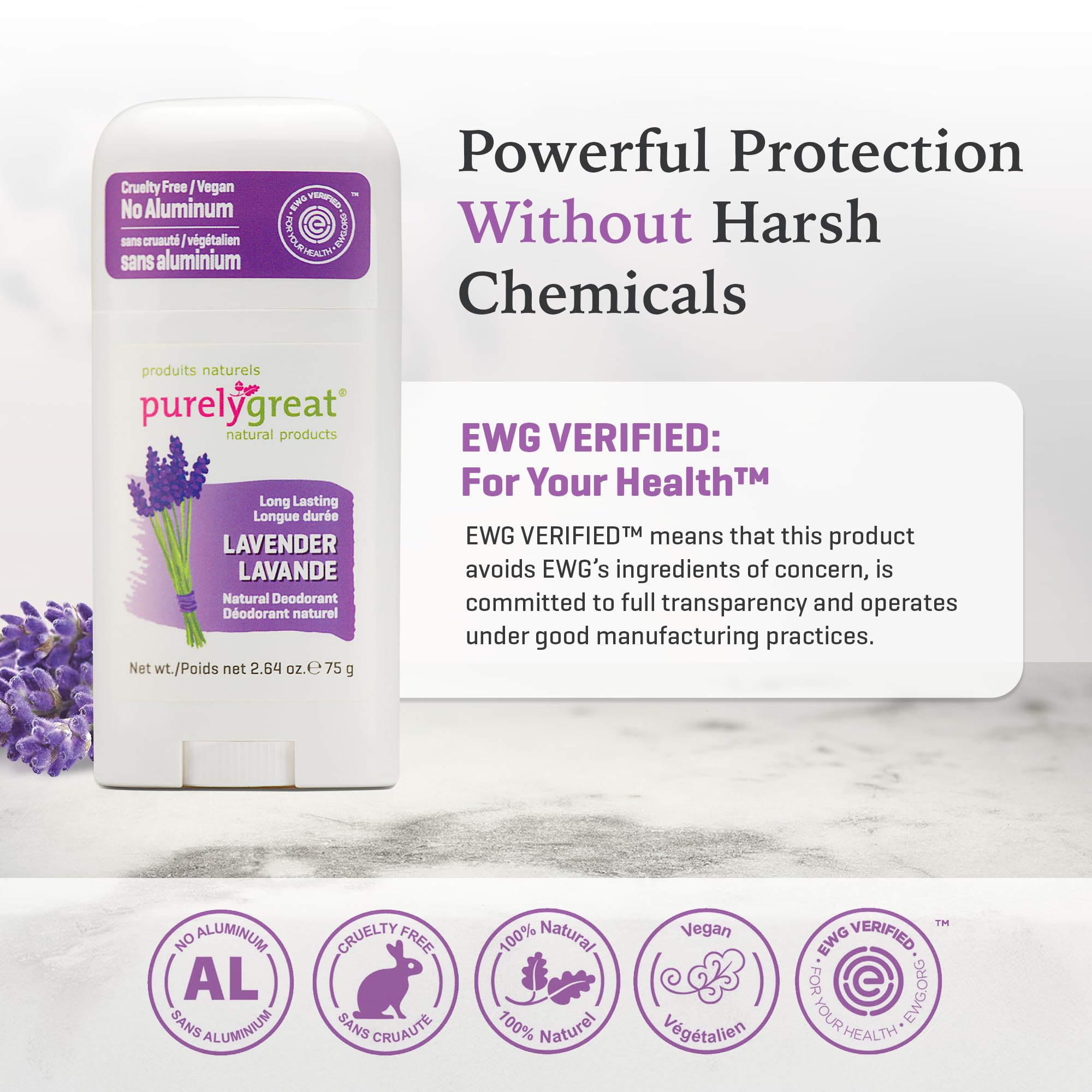 Ingrédients naturels Purelygreat, déodorant sans aluminium.