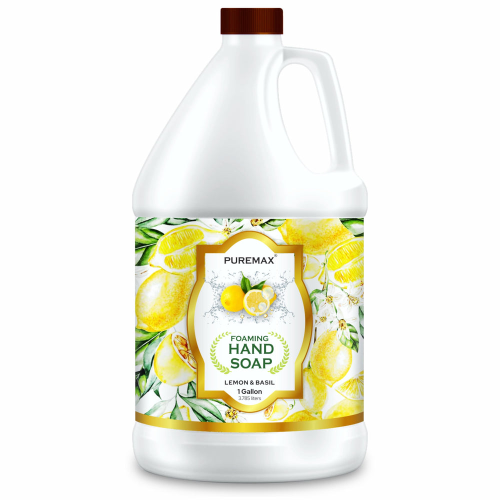 Puremax savon mousse main Citron-Basilic, bouteille visible pour un lavage doux et efficace.