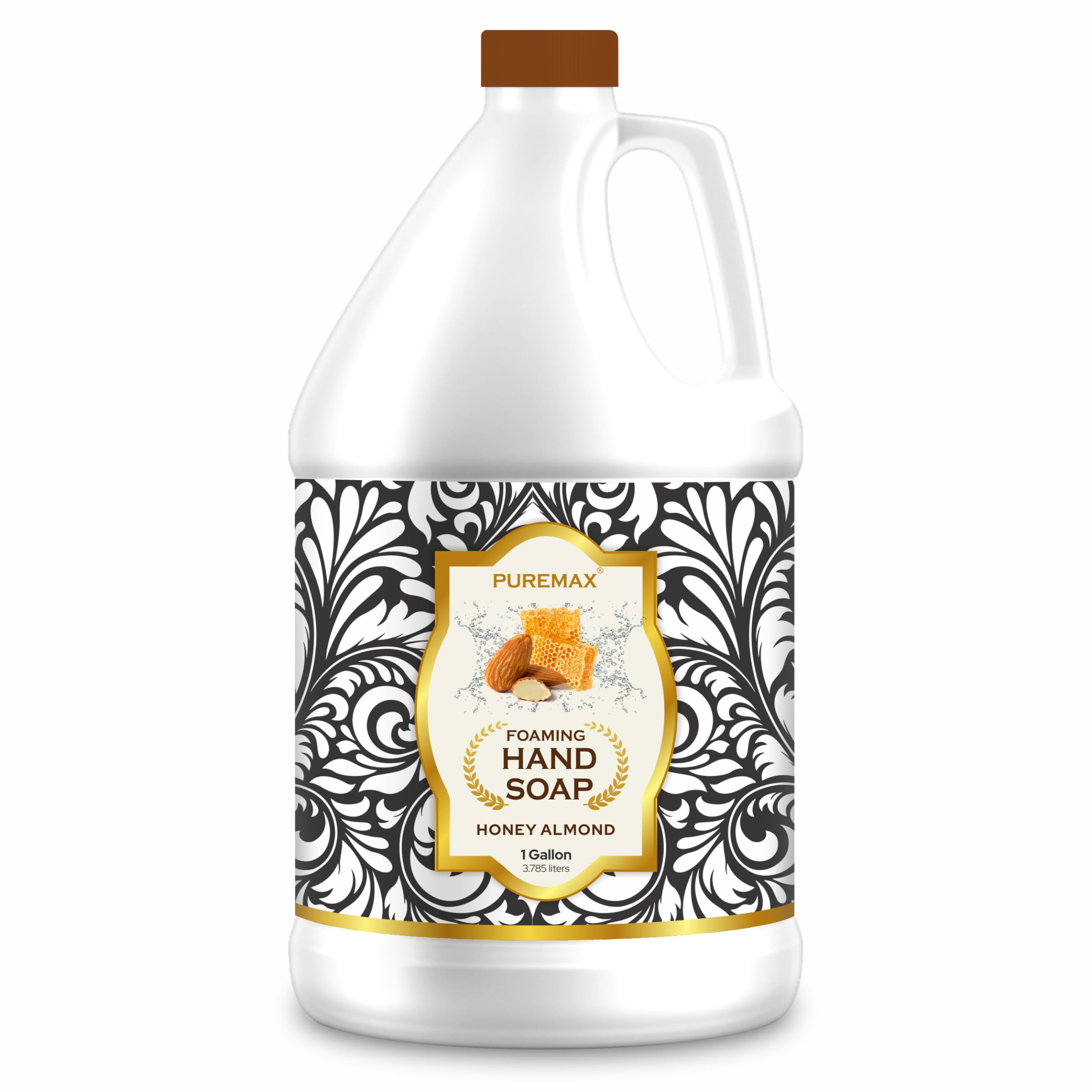 Puremax Savon mousse miel amande dans une bouteille 1 galon, nettoyage en douceur.
