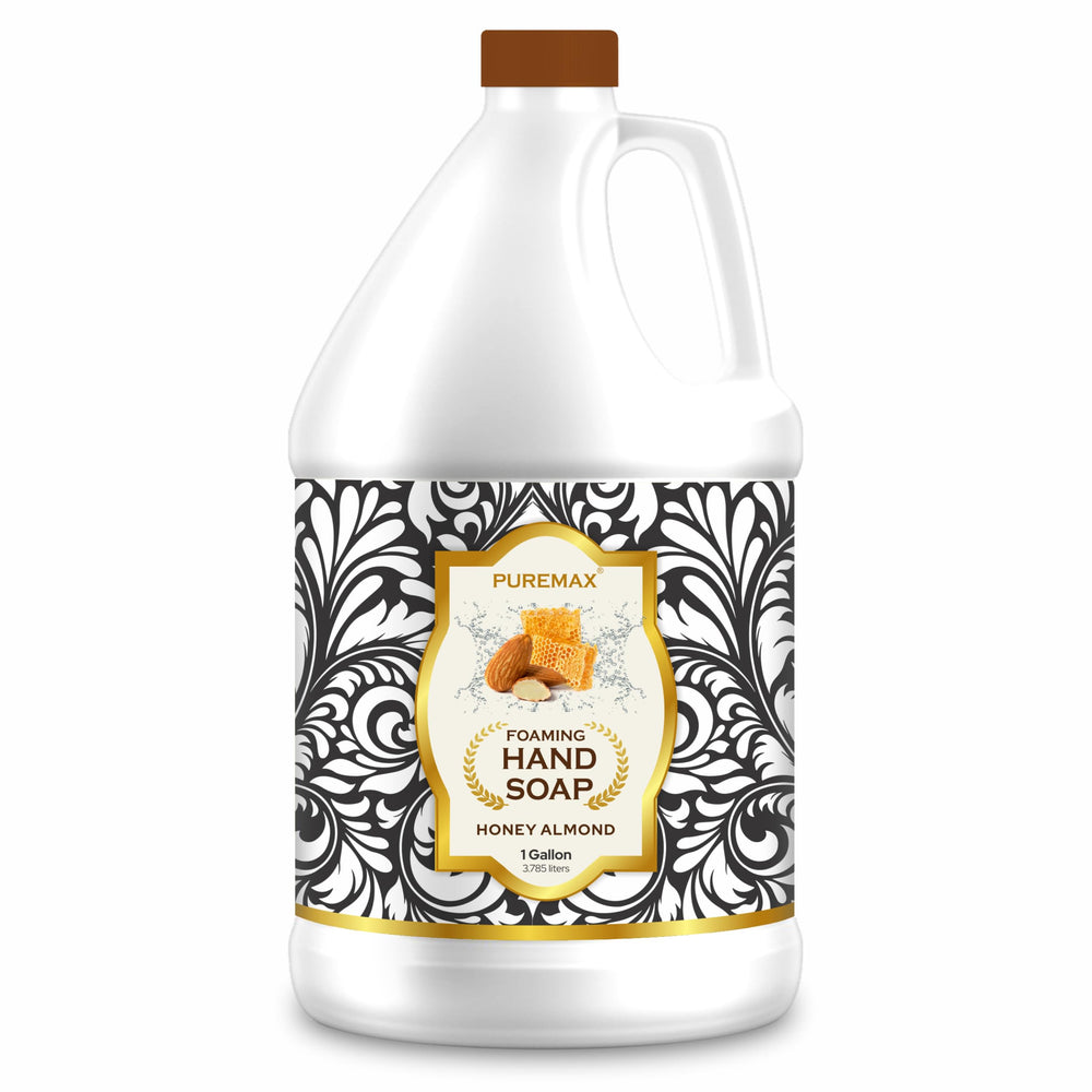 Puremax Savon mousse miel amande dans une bouteille 1 galon, nettoyage en douceur.