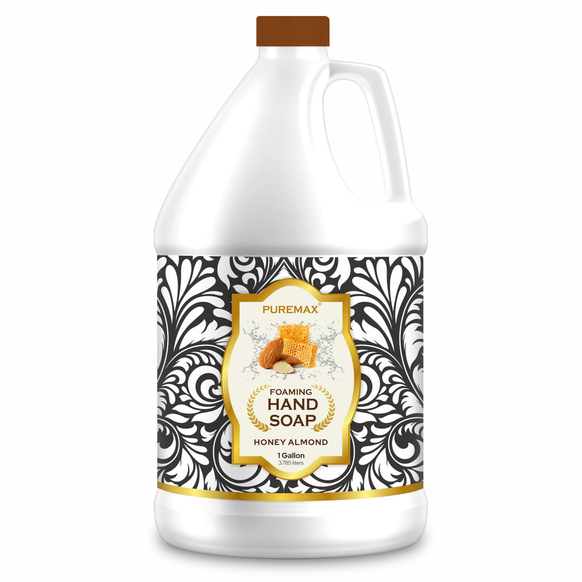 Puremax Savon mousse miel amande dans une bouteille 1 galon, nettoyage en douceur.