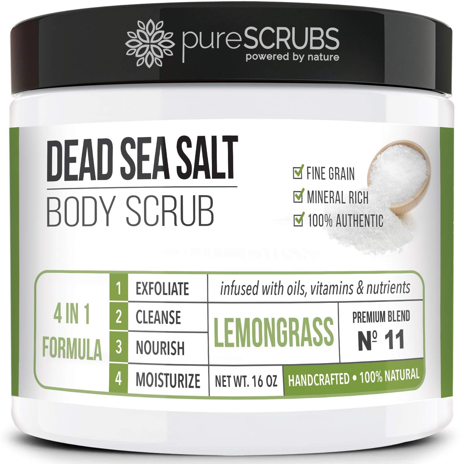 PureSCRUBS gommage citronnelle au sel Dead Sea, peau lisse et radieuse.