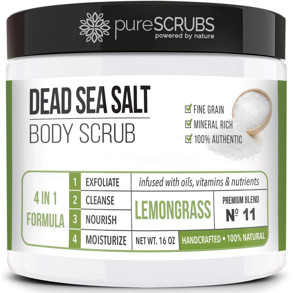 PureSCRUBS gommage citronnelle au sel Dead Sea, peau lisse et radieuse.