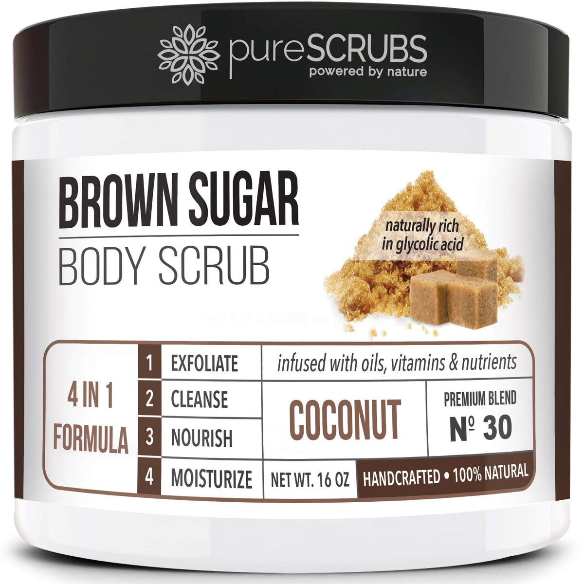 PureSCRUBS Gommage coco sucre brun dans le pot, douceur immédiate pour la peau
