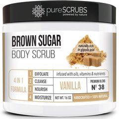 PureSCRUBS gommage vanille et sucre brun 16oz pour peau douce et éclatante.