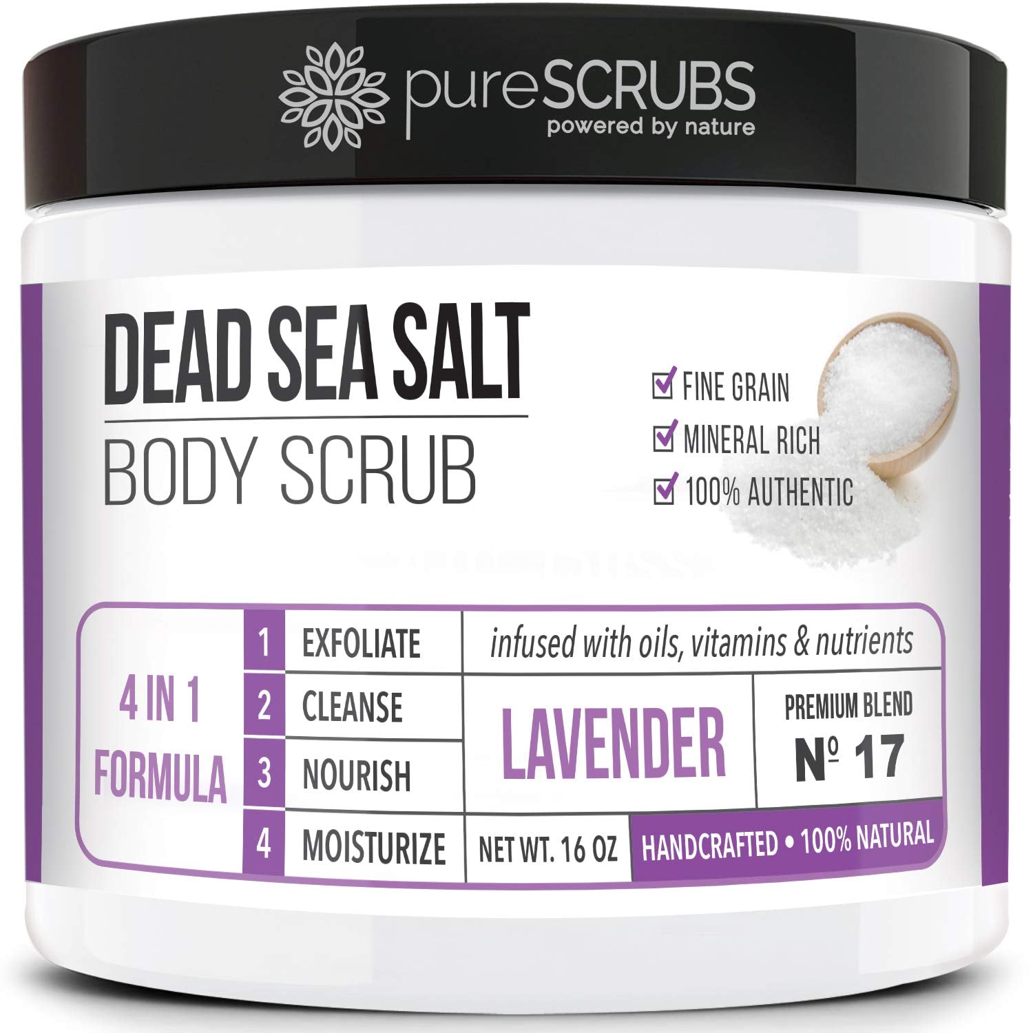 pureSCRUBS gommage lavande en pot 16oz, texture délicate pour une peau plus douce.