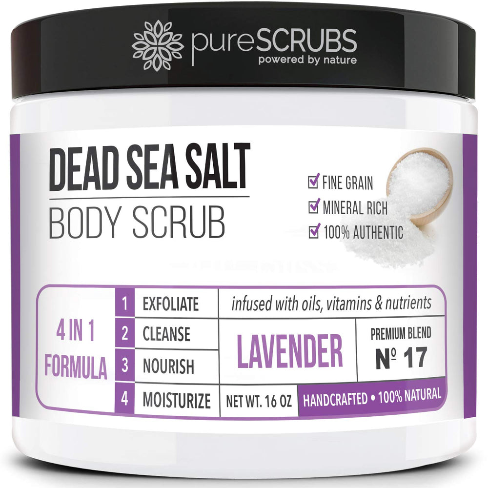 pureSCRUBS gommage lavande en pot 16oz, texture délicate pour une peau plus douce.