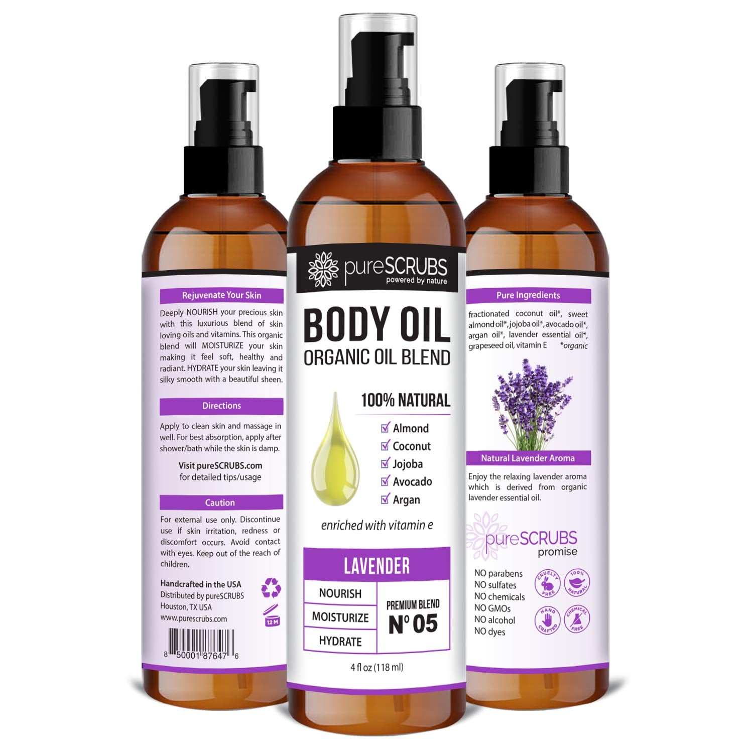 PureSCRUBS lavender aroma oil used for relaxing massage and skin care.