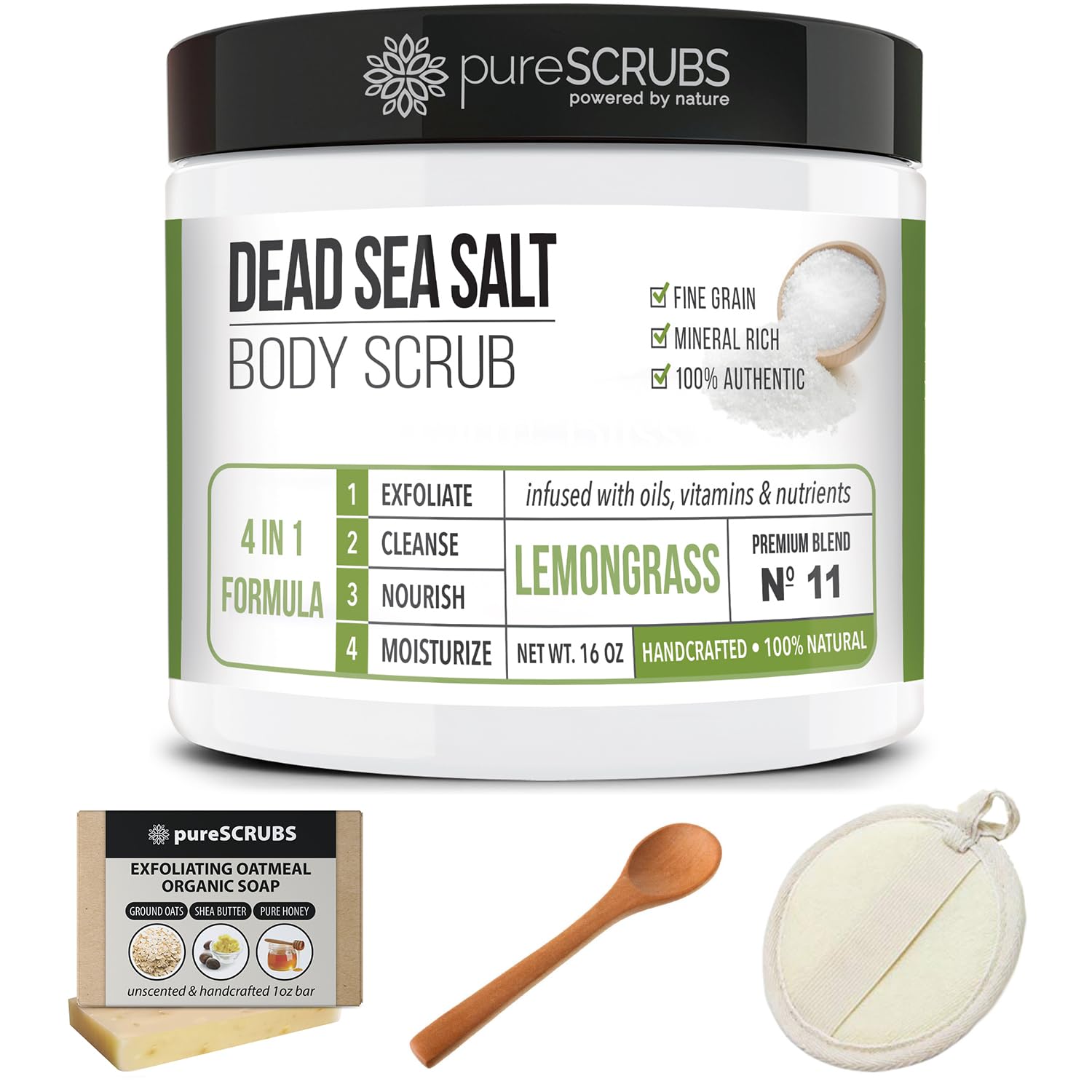 Emballage artisanal PureSCRUBS mettant en valeur le soin et la naturalité.