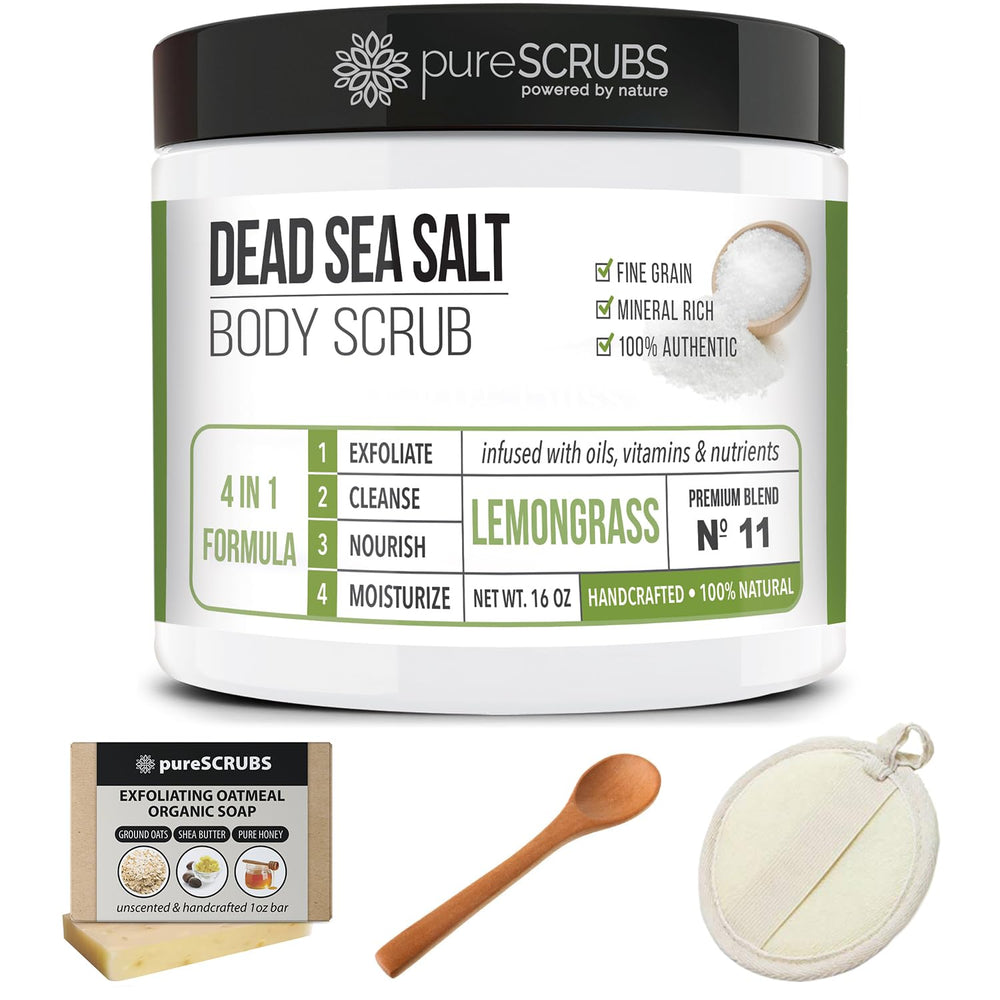 Emballage artisanal PureSCRUBS mettant en valeur le soin et la naturalité.